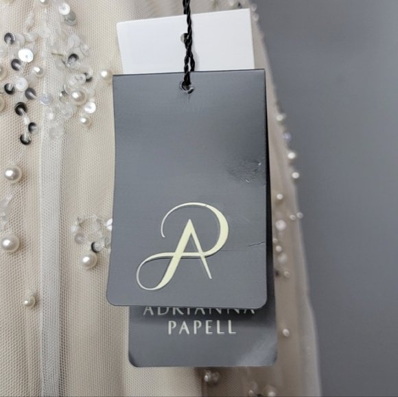 Adrianna Papell | Beaded Short Sleeve Tea Length Formal Dress - Picture 9 of 16